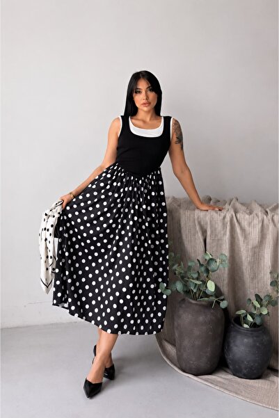 talyambutik Women's Black Polka Dot White Collar Detailed Midi Length Flared ...