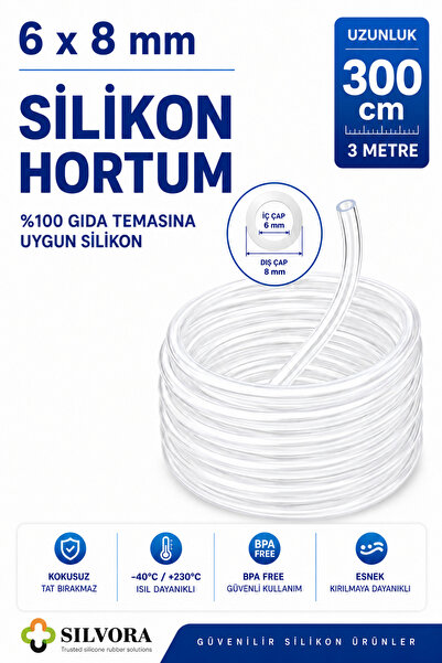Silvora Trusted silicone rubber solutions %100 Silikon Hortum 6x8 mm-İç Çap 6...
