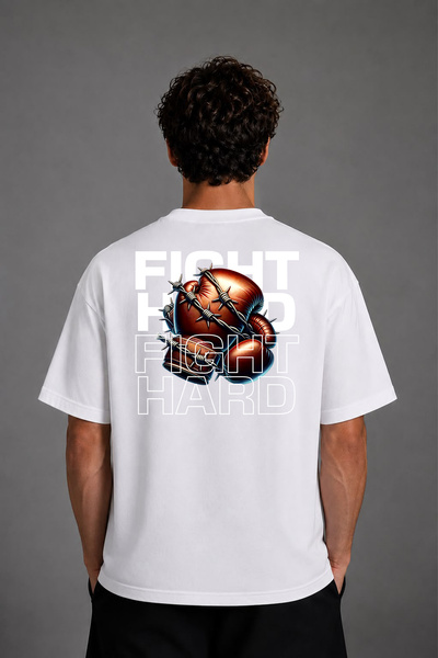 VSRN Tricou oversize alb cu imprimeu pe spate Hard Fight Design