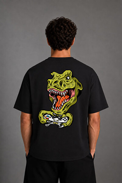 VSRN Μπλουζάκι Gamer Dinosaur Design με στάμπα στην πλάτη, μαύρο, oversized