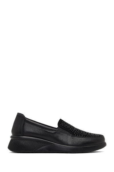 Derimod Women's Black Stone Detailed Wedge Heeled Leather Comfort Shoes Af460...