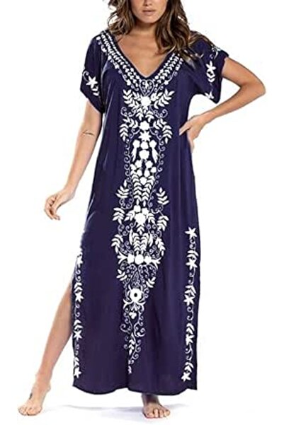 YouKD Summer Cotton Embroidered Floral Loose Caftan Boho Beach Bikini Cover U...