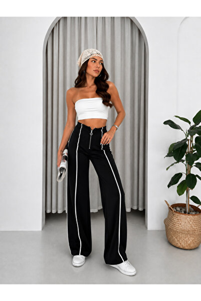 MAİMODA Women's Black High-Waist Interlock Fabric Pants with Mid-Seam and Zip...