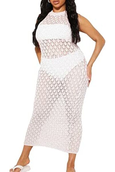 YouKD Women's Knit Vest Long Dress Crochet Robes V Neck Elegant Cover Up Dress