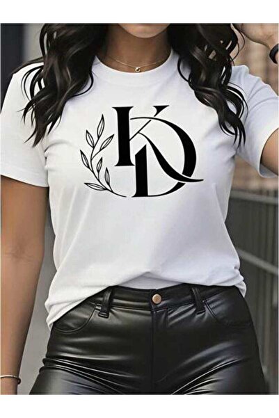LİNA06 Women's Monogram KD With Leaves Design, Pure Cotton T-Shirt, Casual Su...