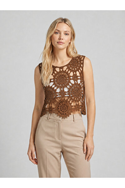 DM DİLAN MODA Women's Crochet Brown Color Zero Sleeve Blouse