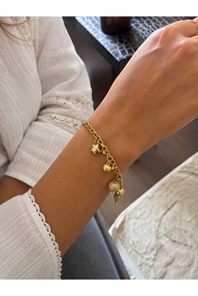 QUEENELA Gold Color Star Heart and Ball Charm Detailed Chain Bracelet – Women...