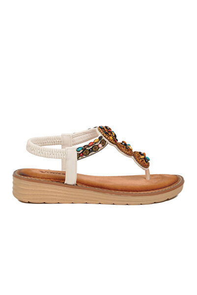 Voyager Women's White Color Beaded Detailed Flip-Flop Casual Sandals 9635 Z
