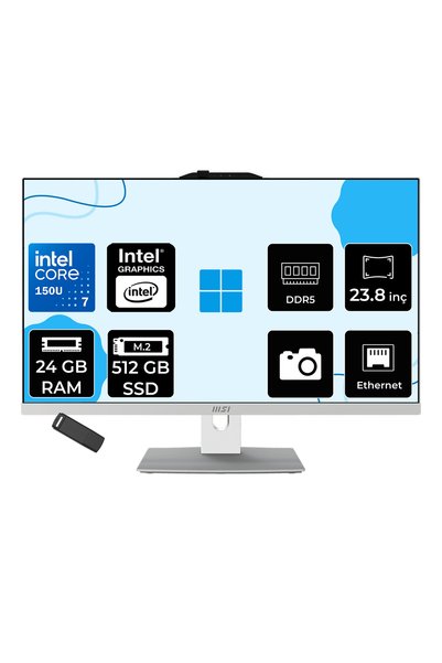 MSI Modern AM242P Intel Core 7 150U 24GB RAM 512GB SSD Intel Graphics 23.8" Full HD (1920x1080) FreeDOS 1M-2288NEUP314 Beyaz All In One Bilgisayar + Per4 USB Bellek