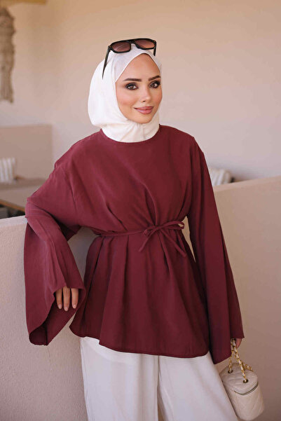 İmajButik Бордо блуза с асиметрична кройка и връзка на талията