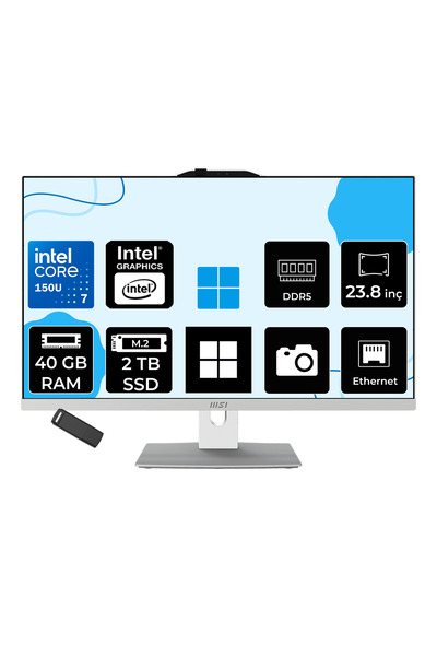 MSI Modern AM242P Intel Core 7 150U 40GB RAM 2TB SSD Intel Graphics 23.8" Full HD (1920x1080) Win11 Pro 1M-2288NEUP528 Beyaz All In One Bilgisayar + Per4 USB Bellek