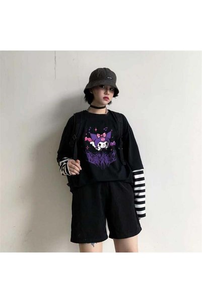 STİLLEX تي شيرت MINGALONDON Kuromi باللون الأرجواني مطبوع عليه أكمام وهمية لل...