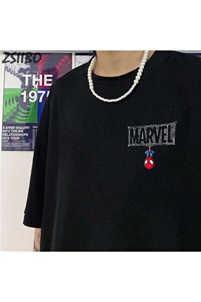 DEEFWEAR Mi̇ngalondon Mini Spider-Man Printed Black Unisex Oversize T-Shirt