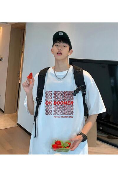 DEEFWEAR Mi̇ngalondon Ok Boomer White Unisex Oversize T-Shirt