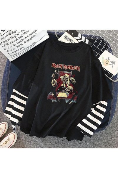 STİLLEX تي شيرت أسود للجنسين مطبوع عليه جمجمة Iron Maiden من MINGALONDON
