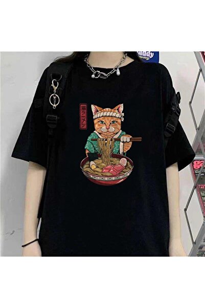 DEEFWEAR تي شيرت MINGALONDON Samurai Cat Spaghetti أسود للجنسين مقاس كبير