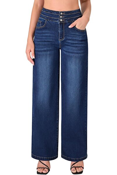 GENERAL روسوير بنطلون جينز واسع الساق للنساء - كاجوال بخصر عالٍ وقماش مطاطي و...