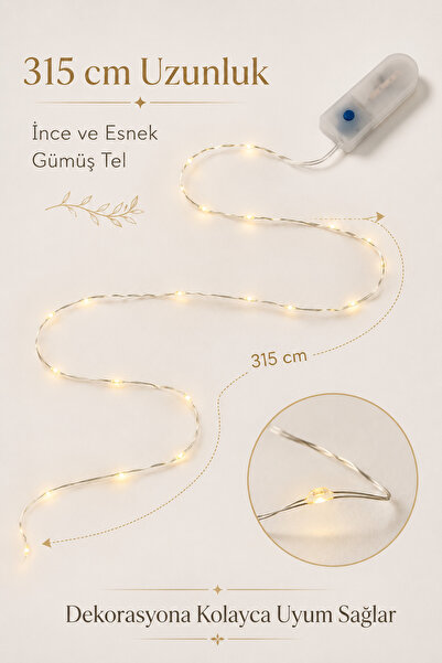 ALFAGİFT 2 Adet 315 cm Pilli Peri LED Sıcak Sarı Işık 2 Modlu Esnek Gümüş Tel Dekoratif Perde LED Aydınlatma