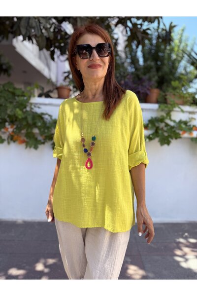 DenizEge Italian Cotton - Linen Textured Blouse with Pendant Pistachio Green