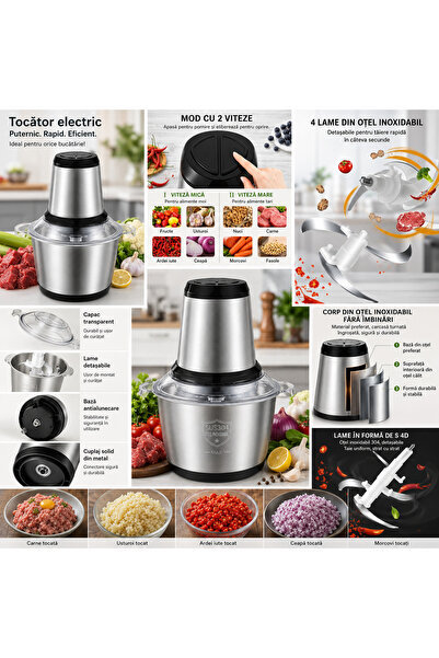 Generic Brand Tocator electric 2L pentru carne si legume, 4 lame din otel ino...
