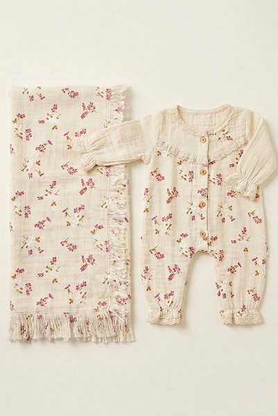 CELYSE 10-Piece Muslin Hospital Discharge Set Fuchsia Colored Flower Printed and Embroidered Boxed Baby Girl Hospital Discharge Set