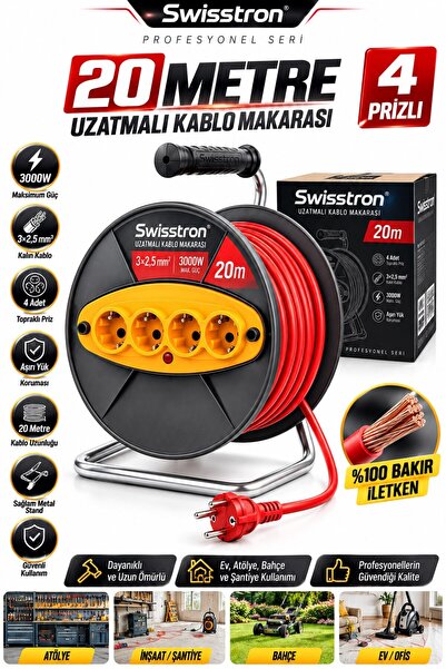 SwissTron Seyyar Atölye ve Ev Tipi 4 Prizli Makaralı Uzatma Kablosu | 3x2,5mm | 20 Metre Uzatmalı Tam Set