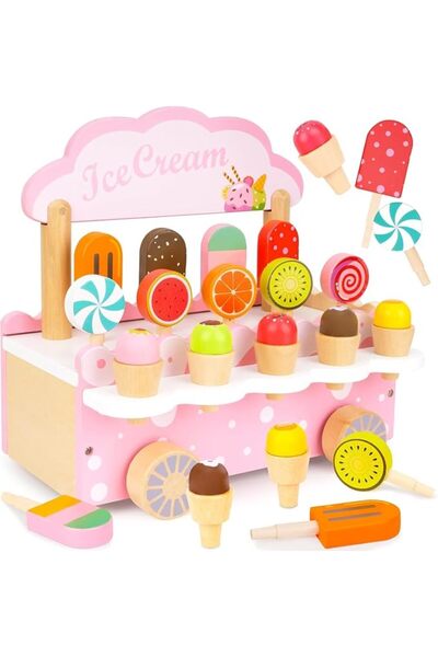 Soofam Wooden Ice Cream Counter Playset for Toddler, Play Store Pretend Toy F...