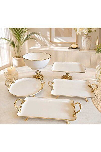 Buldem 5 Piece Gold Porcelain Presentation Set – Decorative Serving Plate Set...