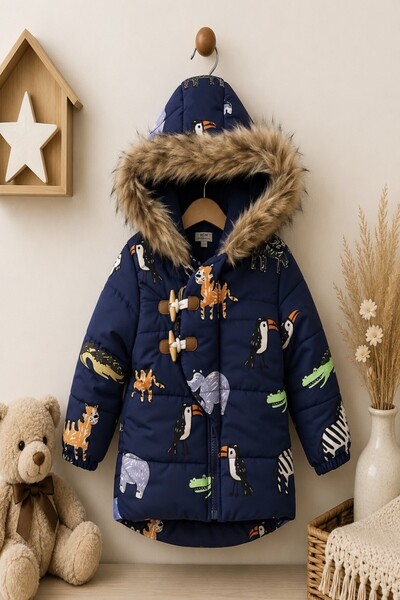 DeKuBaby Winter Children's Coat with Cute Animal Figures, Fur Lining, and Hood.