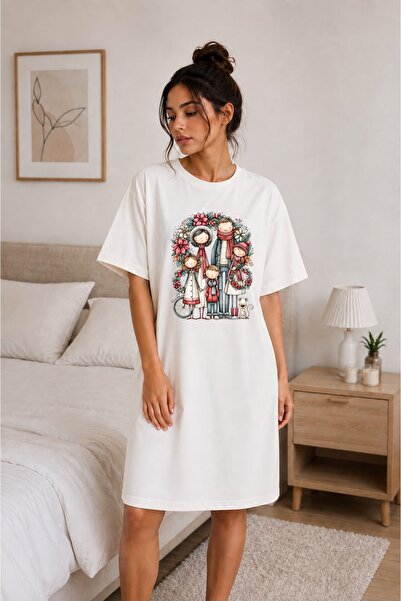 classy moda Happy Family Linear Patterned Oversize Extra Long Tunic T-Shirt
