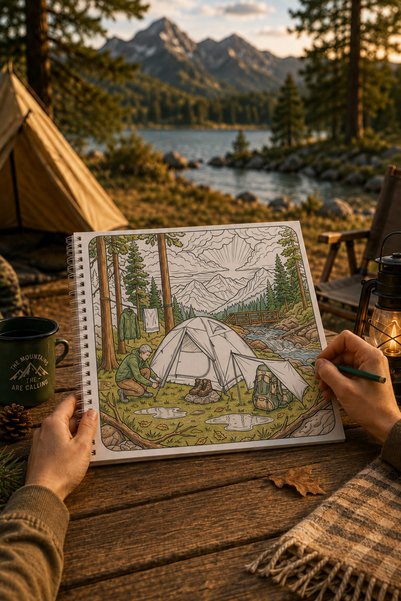 Z&R CRAFT كتاب تلوين للكبار من Outdoor Life – 35 صورة بموضوع التخييم والطبيعة والكرفانات والمغامرات الخارجية مقاس 20x20