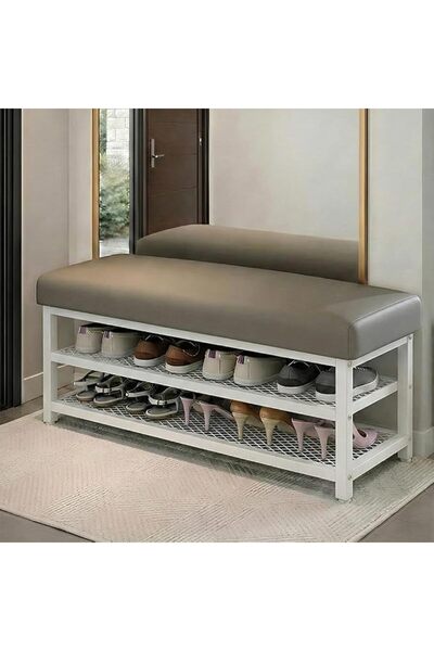 Taimi 2-Tier Shoe Rack Organizer 80cm with Gray Padded Faux Leather Seat and ...