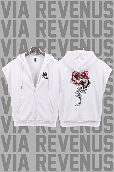 Vordevia Dragon / Ryu Printed Sleeveless Zippered Hooded Sweatshirt Wide Fit ...