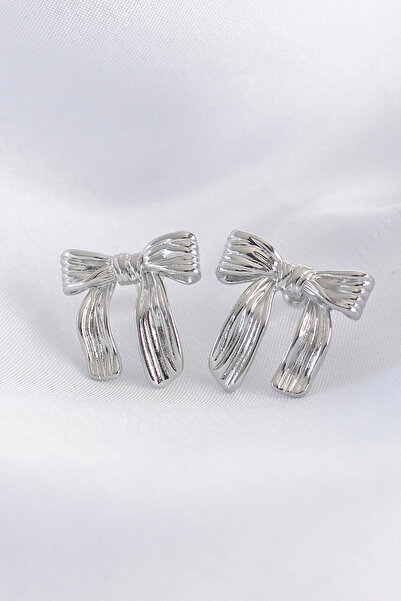 SORA GROUP Brass Silver Color Line Detail Bow Earrings