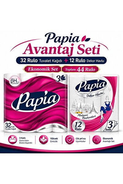 Papia Tuvalet Kağıdı (3 Katlı) 32 Li Pk + 12 Li Paket Kağıt Havlu Decor Desen...