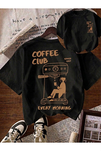 one button Unisex Coffee Club Çift Taraf Baskılı Basic Bisiklet Yaka Regular ...