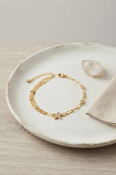 SORA GROUP Gold Color Brass Paperclip and Chain Star Model Women's Bracelet