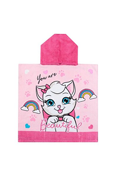 OEM Cotton Poncho Beach Towel with Pink Cat Hood for Children 60x120cm