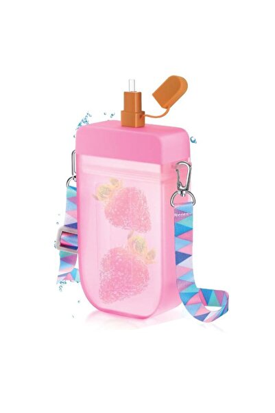 OEM Fancy Pink Ice Cream Shaped Water Bottle with Straw and Strap 350ml