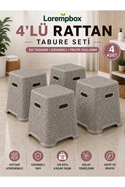 LOREMPBOX 4’lü Dekor Tabure Seti – Dayanıklı Plastik Çok Amaçlı Tabure – Mutf...