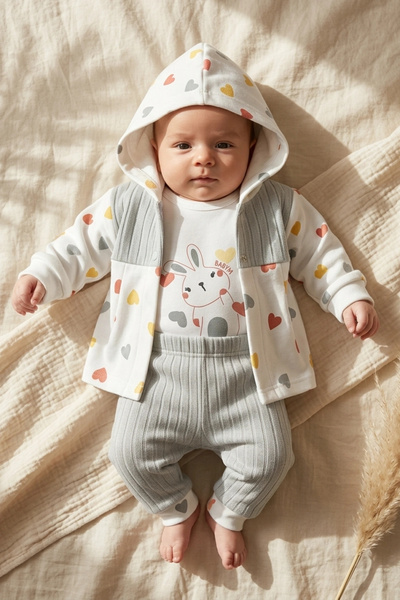Babyim Rabbit Printed Hooded Cardigan, Bodysuit and Ribbed Trousers 3-Piece B...