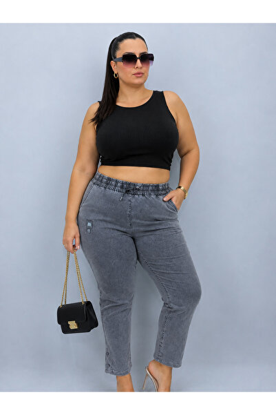 MOTIVATION Plus Size Akar Fabric Mom Elastic High Waist Lace-Up Cuff Button D...