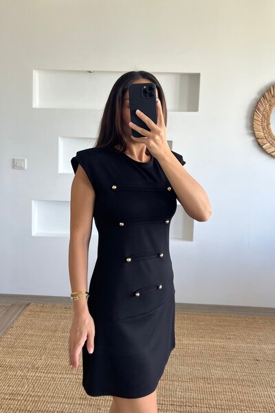 butikhola Black Embellished Buttoned Padded Dress