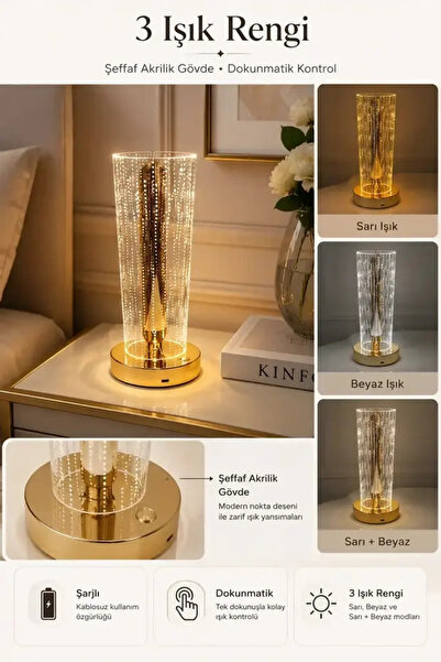 Rosemor LED Masa Lambası Şeffaf Silindir Akrilik Gövdeli Gold Şarjlı Dokunmatik LED Masa Lambası 3 Kademeli