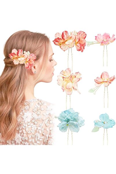 ELECDON 6 PACK U-Shape Flower Hair Pins, Rhinestone Floral Hair Clips with Pe...