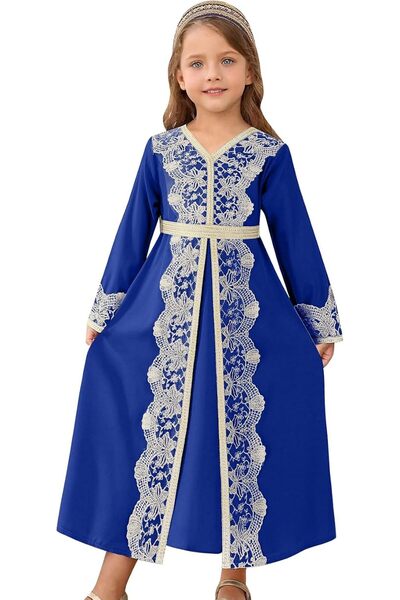 IDOPIP Muslim Dress for Girls Islamic Prayer Abaya Embroidery Long Sleeve Kaf...