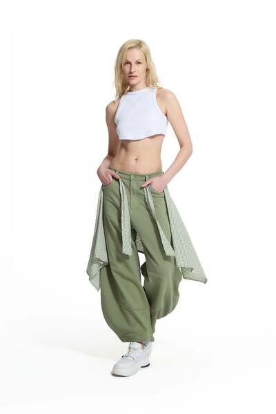 #vdr viadellerose Khaki Belt Detailed Contrast Paneled Trousers 19019