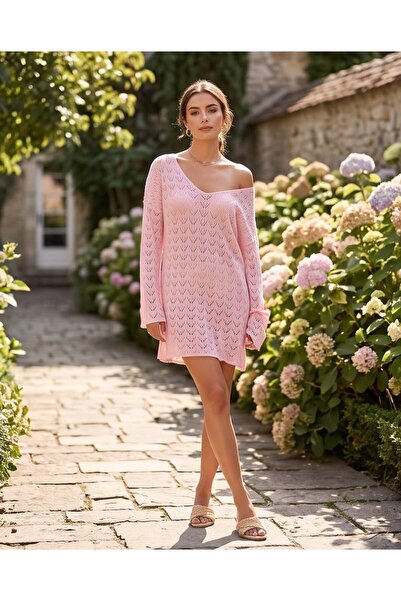 Trend Kapında Women's V-Neck Openwork Knitwear Beach Dress and Tunic