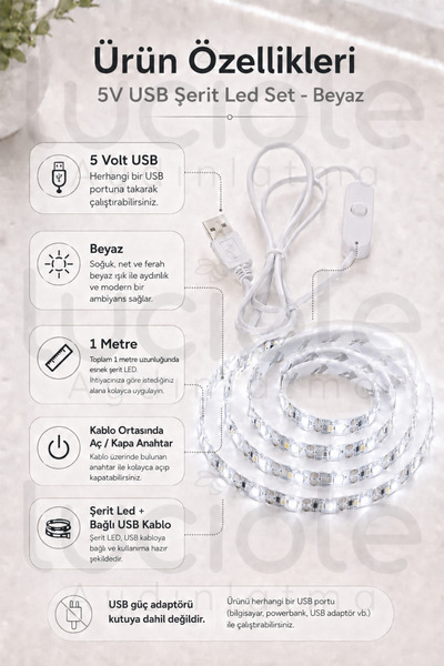 luciole 5V USB Şerit LED 1 Metre Beyaz Işık Anahtarlı Powerbank Uyumlu Tezgah Altı Dekoratif Led