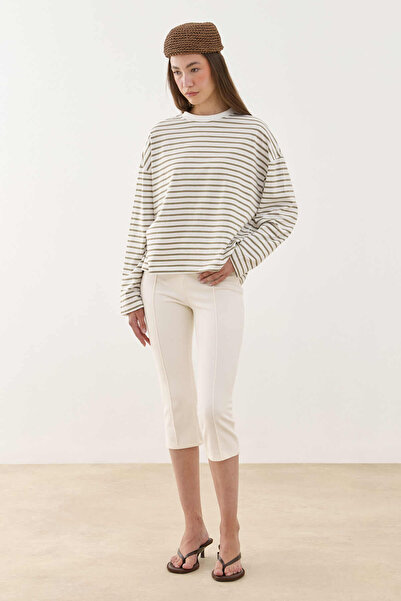 Fahhar Striped Long Sleeve Cotton T-Shirt Beige